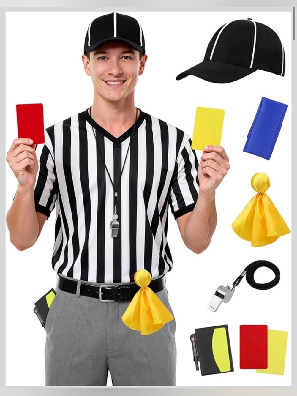 NWT Referee Costume Official Shirt Red/Yellow Cards Whistle Hat Flag Size Medium